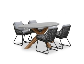 Livorno/Portofino Stone Grey dining tuinset | 4 personen | polystone + touw | 200cm