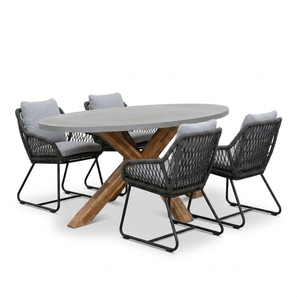 Livorno/Portofino Stone Grey dining tuinset | 4 personen | polystone + touw | 200cm