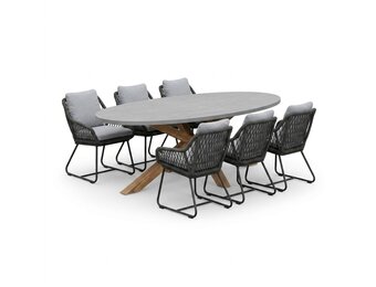 Livorno/Portofino Stone Grey dining tuinset | 6 personen | polystone + touw | 240cm