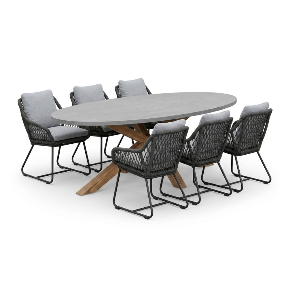 Livorno/Portofino Stone Grey dining tuinset | 6 personen | polystone + touw | 240cm