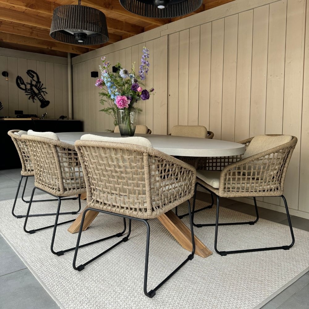 Livorno/Portofino Stone Grey dining tuinset | 6 personen | polystone + touw | 240cm