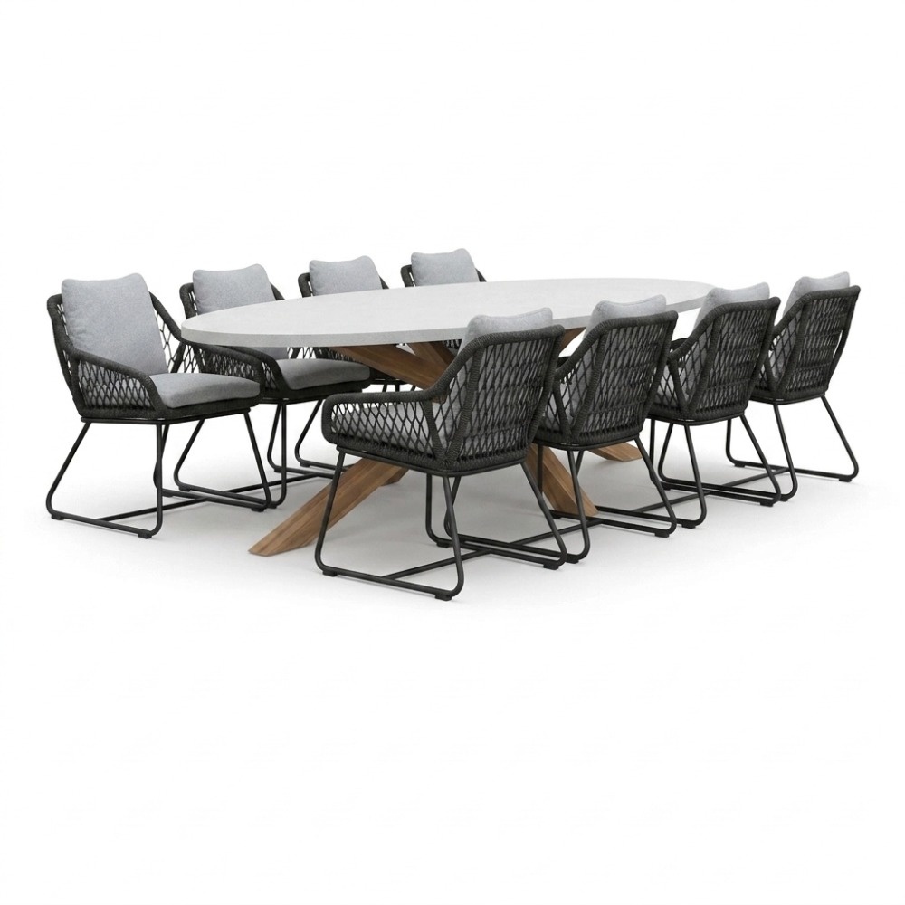 Livorno/Portofino Stone Grey dining tuinset | 8 personen | polystone + touw | 280cm
