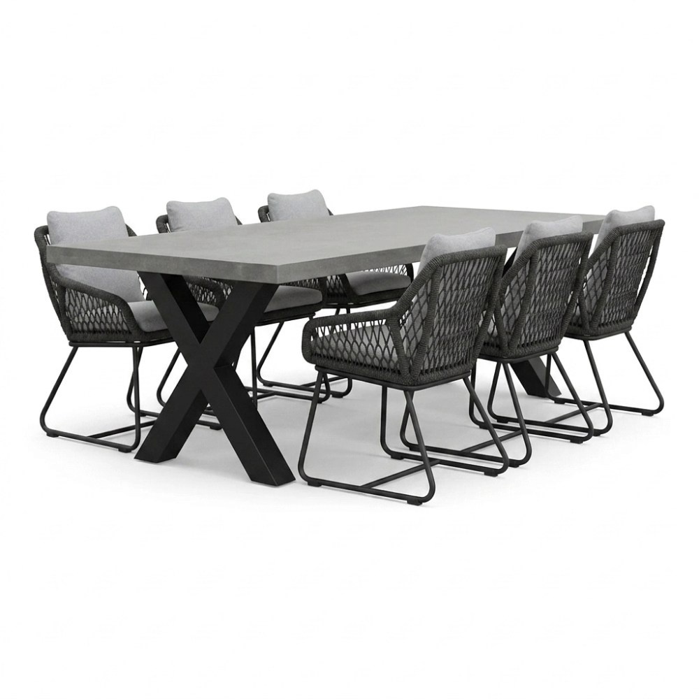 Lyon betonlook/Portofino Stone Grey dining tuinset | 6 personen | polystone + touw | 250cm