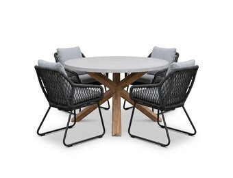 Nancy/Portofino Stone Grey dining tuinset | 4 personen | polystone + touw | Ø135cm rond