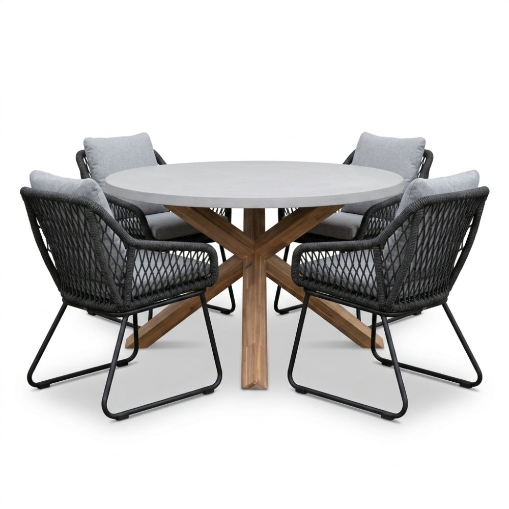 Nancy/Portofino Stone Grey dining tuinset | 4 personen | polystone + touw | Ø135cm rond