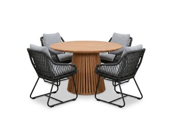 Palau/Portofino Stone Grey dining tuinset | 4 personen | teakhout + touw | Ø120cm rond