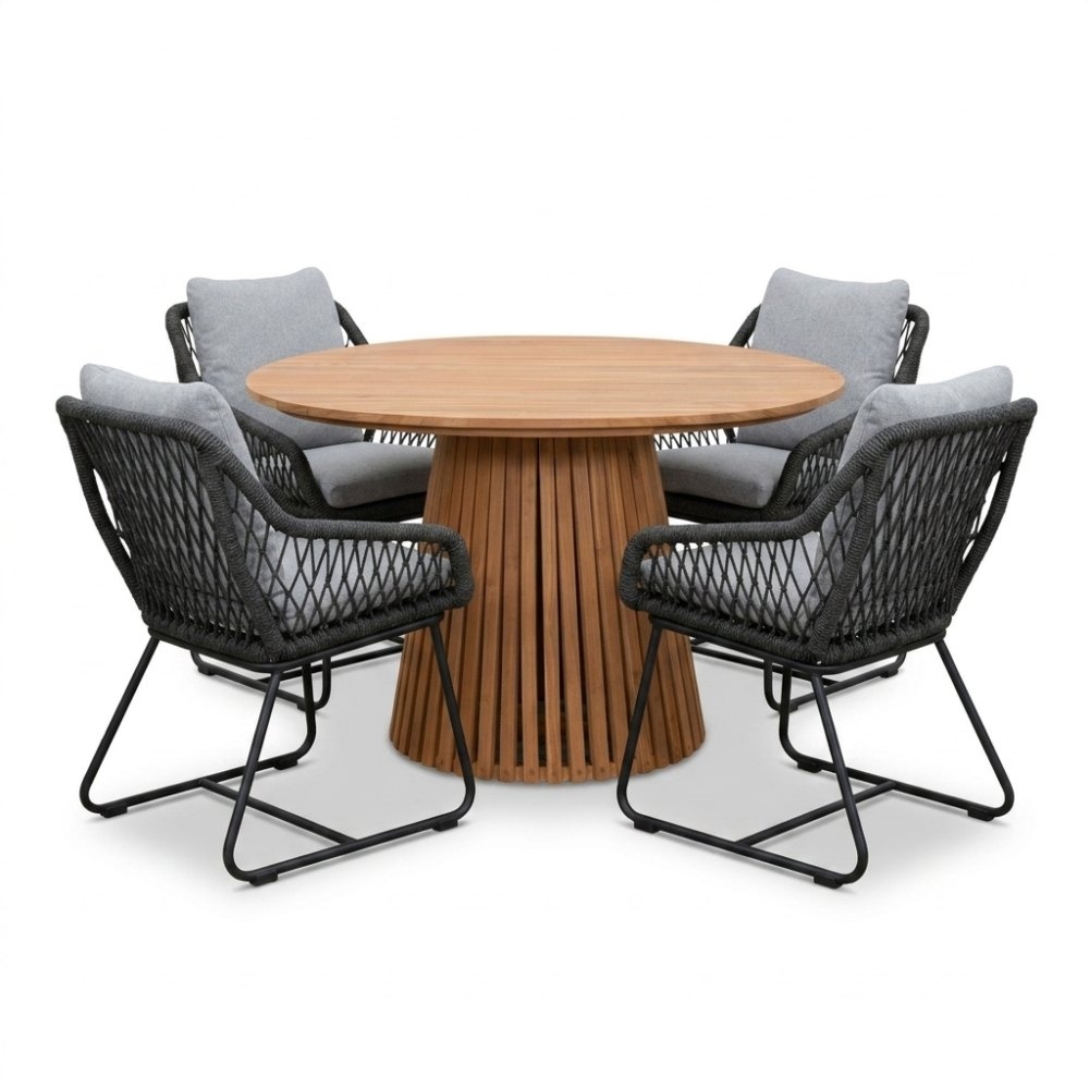 Palau/Portofino Stone Grey dining tuinset | 4 personen | teakhout + touw | Ø120cm rond
