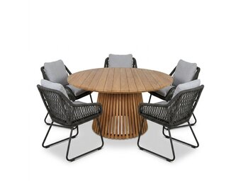Palau/Portofino Stone Grey dining tuinset | 5 personen | teakhout + touw | Ø140cm rond