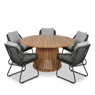 Palau/Portofino Stone Grey dining tuinset | 5 personen | teakhout + touw | Ø140cm rond