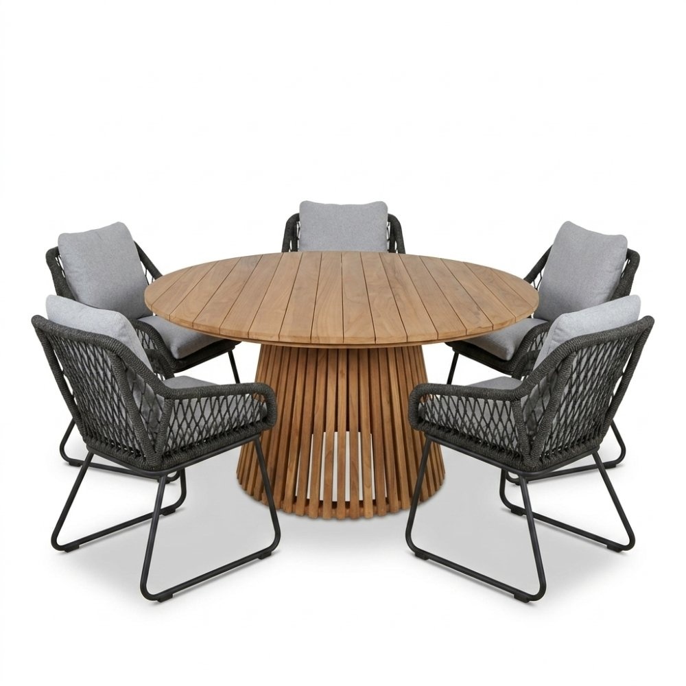 Palau/Portofino Stone Grey dining tuinset | 5 personen | teakhout + touw | Ø140cm rond
