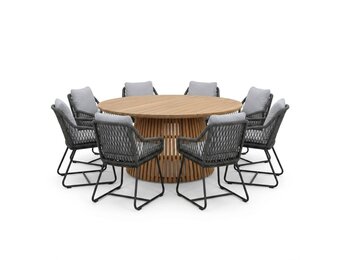 Palau/Portofino Stone Grey dining tuinset | 8 personen | teakhout + touw | 180cm rond