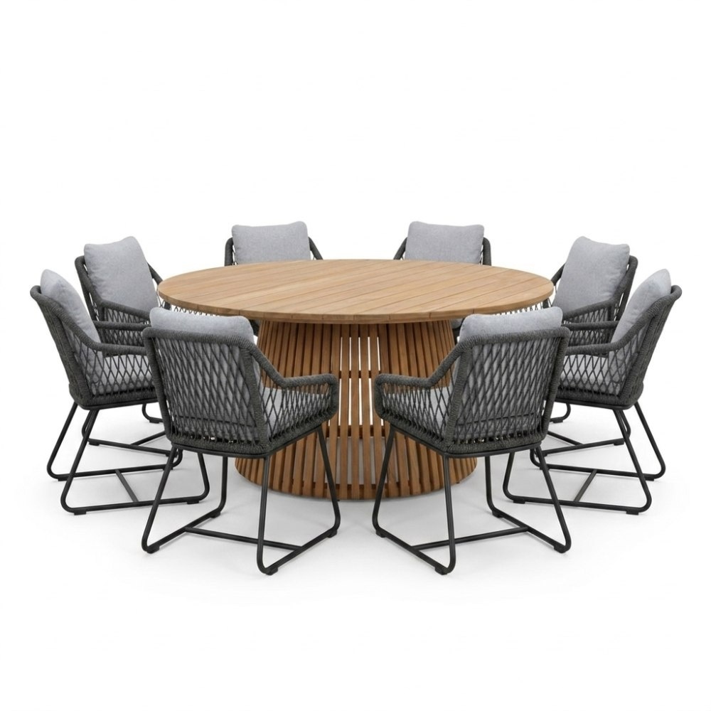 Palau/Portofino Stone Grey dining tuinset | 8 personen | teakhout + touw | 180cm rond