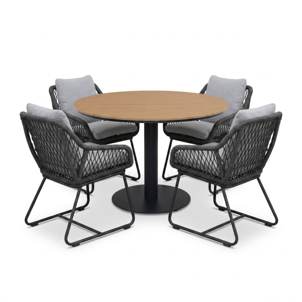 Panama/Portofino Stone Grey dining tuinset | 4 personen | polywood + touw | 120cm rond