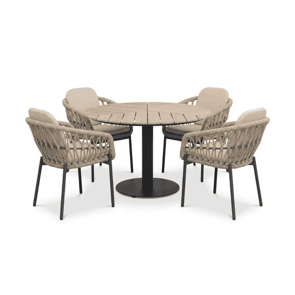 Sirena visgraat/Femke beige/antraciet dining tuinset | 4 personen | polywood + touw | Ø120