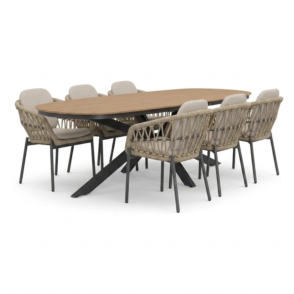 Texas/Femke beige/antraciet dining tuinset | 6 personen | polywood + touw | 260cm