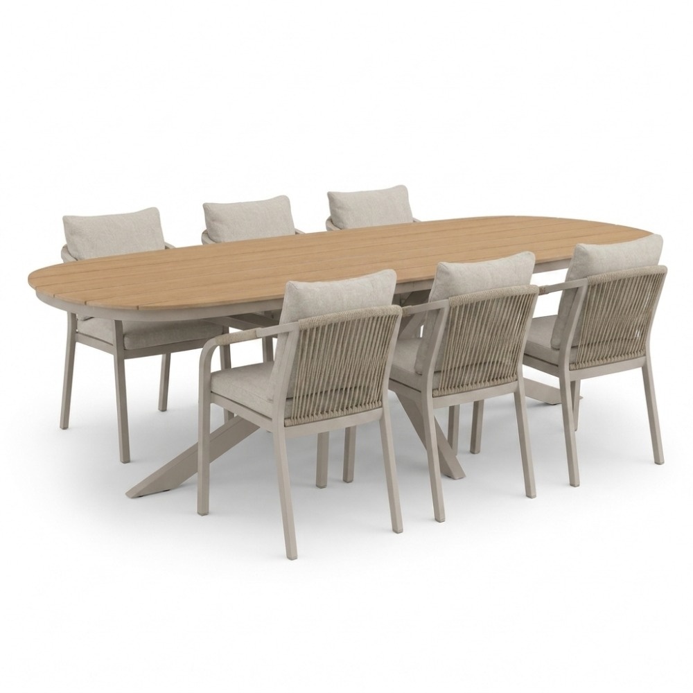 Texas/Calgary beige dining tuinset | 6 personen | polywood + touw | 260cm Deens ovaal