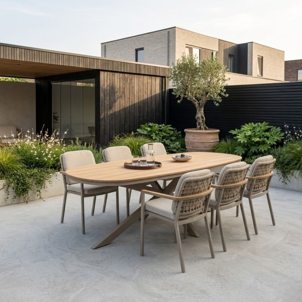 Texas/Calgary beige dining tuinset | 6 personen | polywood + touw | 260cm Deens ovaal