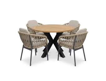 Cleve/Femke beige/antraciet dining tuinset | 4 personen | teakhout + touw | 120cm rond