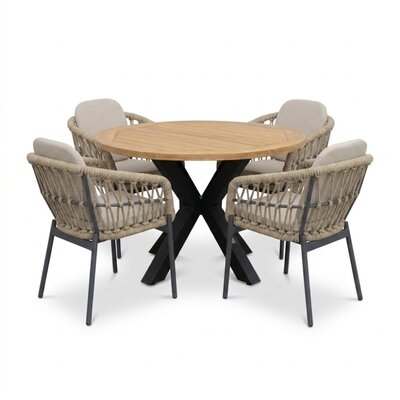 Cleve/Femke beige/antraciet dining tuinset | 4 personen | teakhout + touw | 120cm rond
