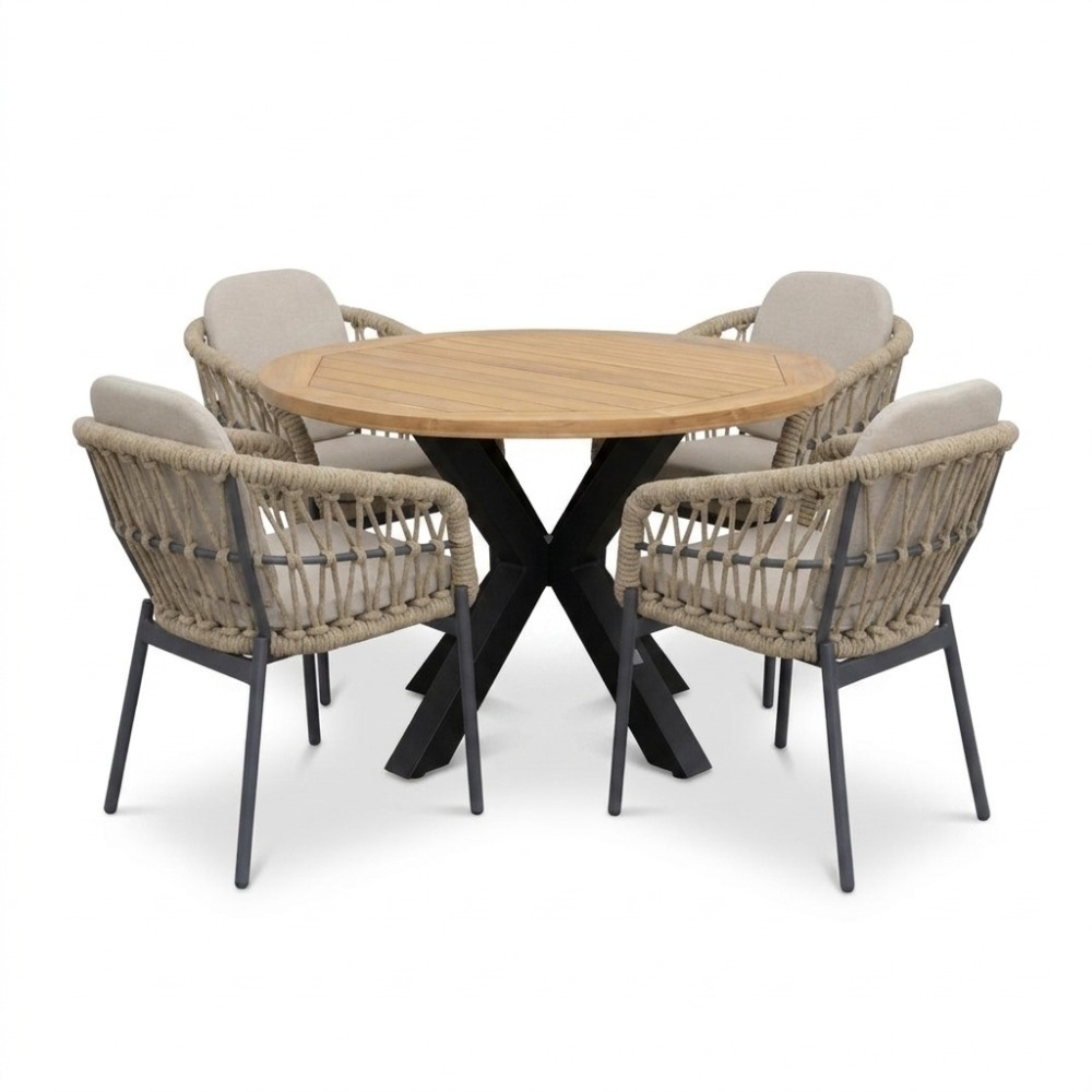 Cleve/Femke beige/antraciet dining tuinset | 4 personen | teakhout + touw | 120cm rond