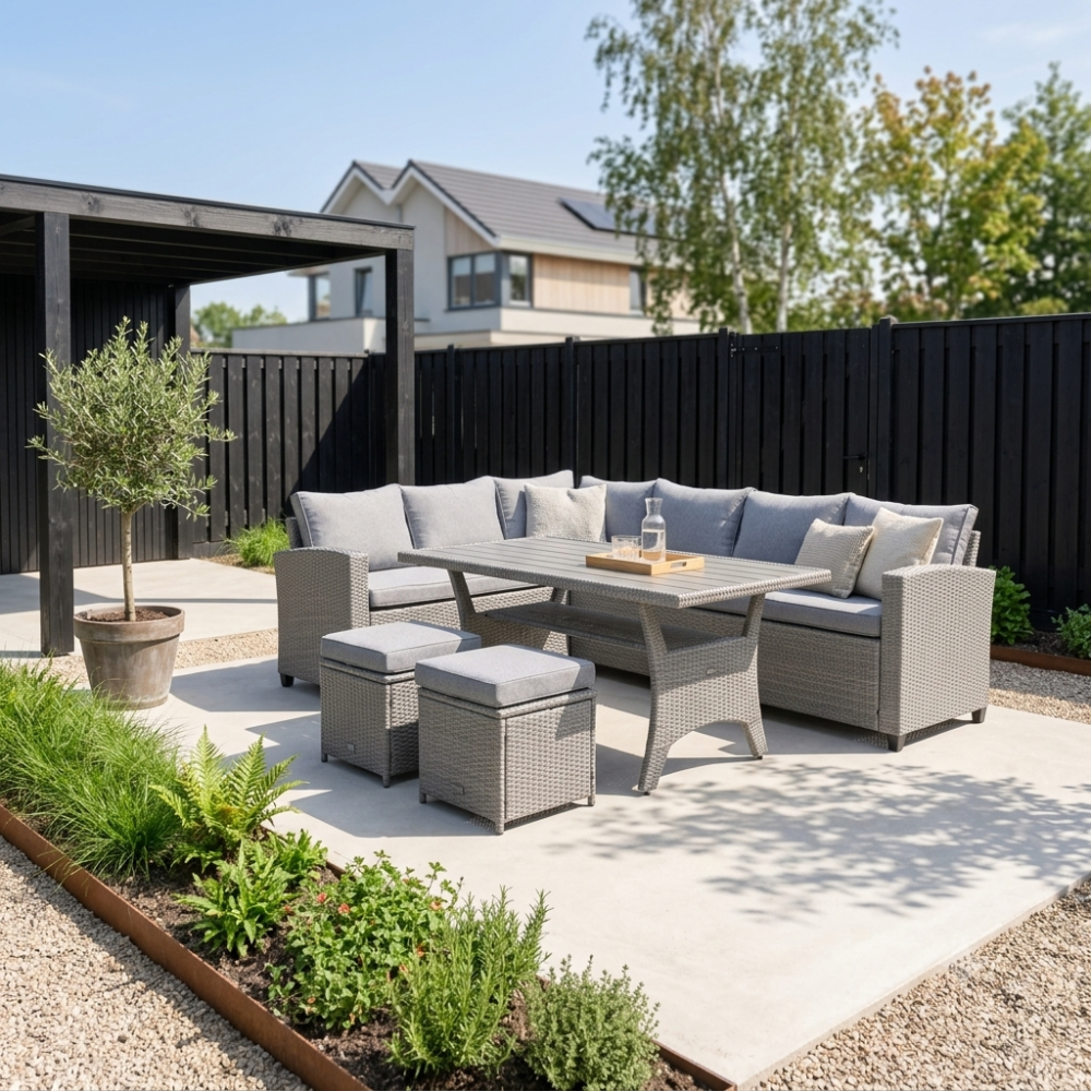 Stockholm dining loungeset met hockers 8 personen | wicker | grijs | 5-delig - 245x169cm