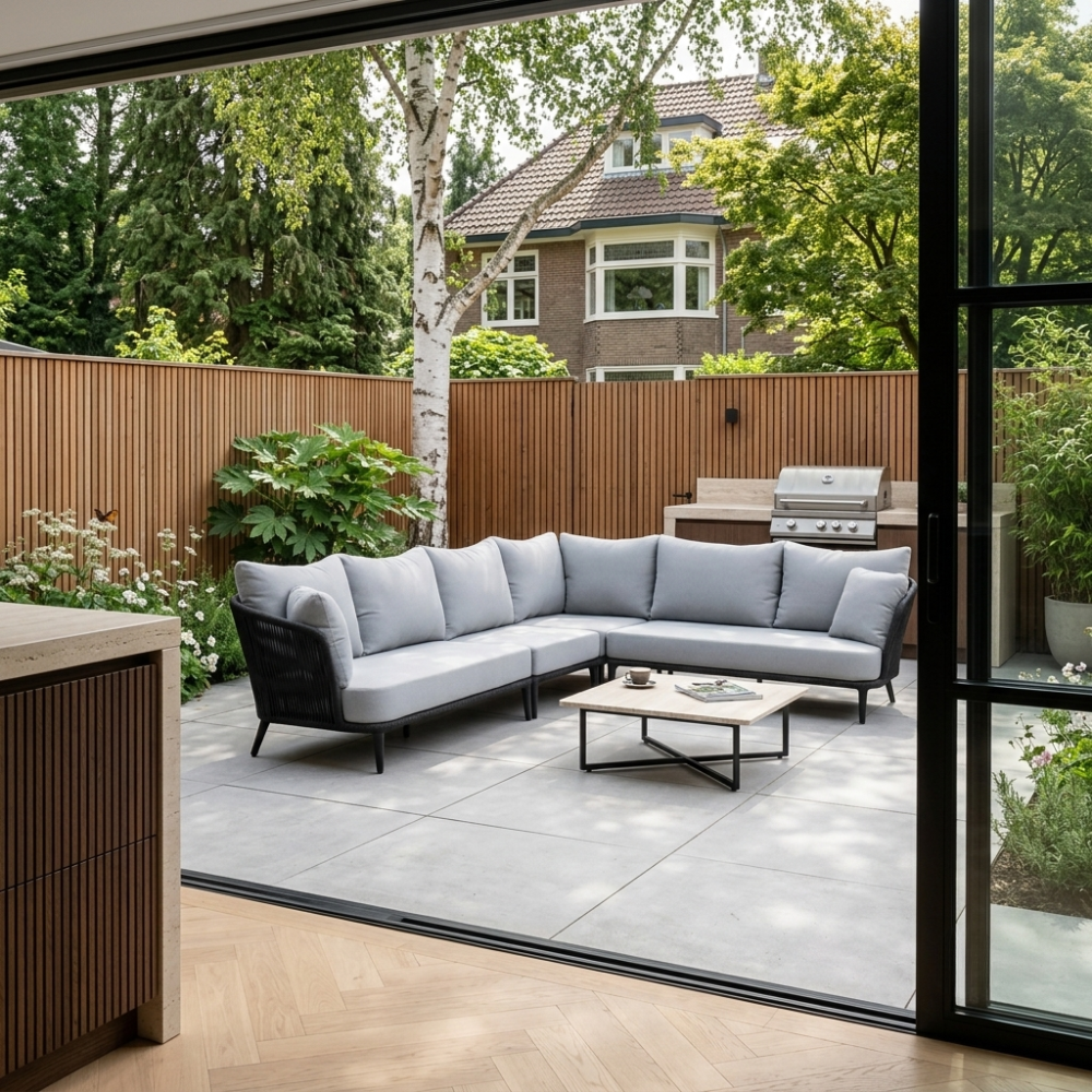 Palermo hoek loungeset 5 personen incl. tussenelement | aluminium + touw | Stone Grey | 4-delig