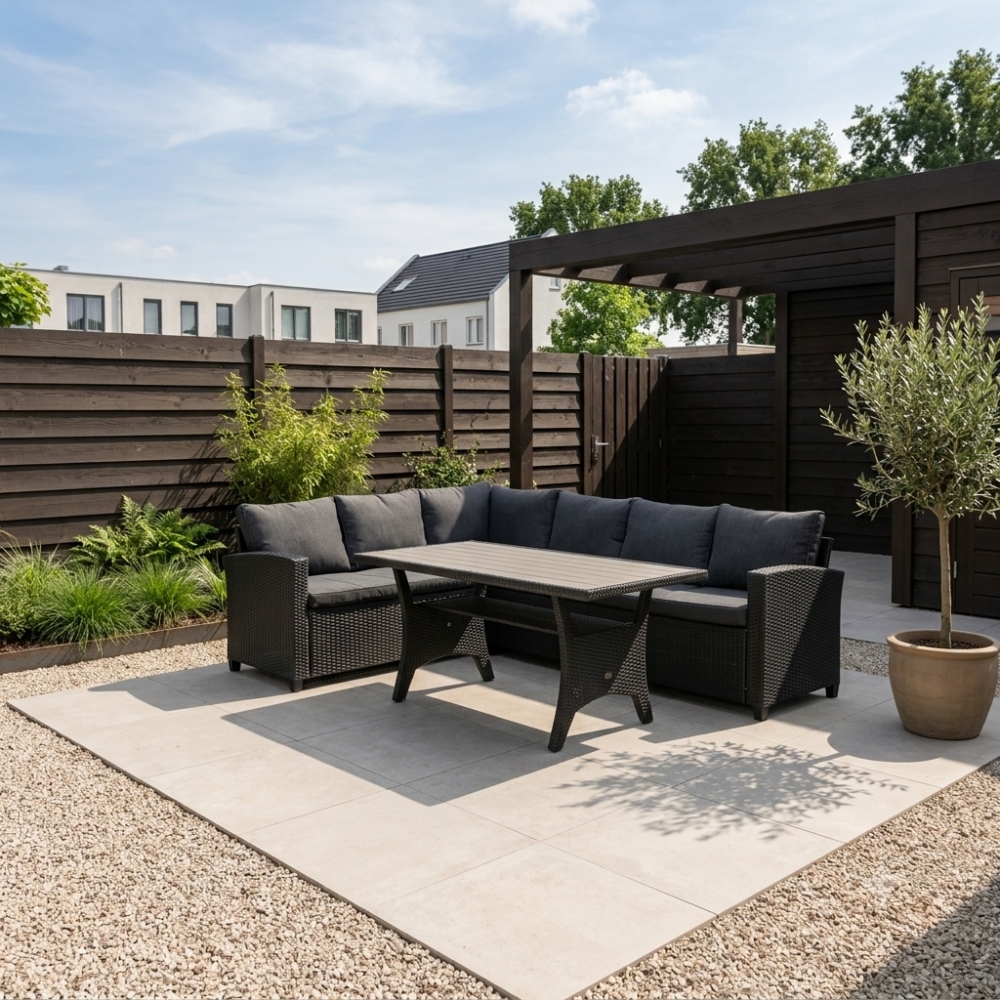 Stockholm dining loungeset 6 personen | wicker + polywood | zwart/Natural Wood | 3-delig - 245x169cm