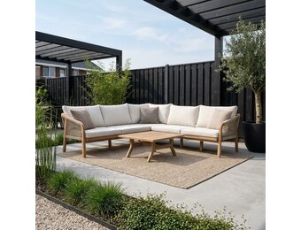 Bergamo hoek loungeset 6 personen | touw + hardhout | zand | 4-delig - 230x230cm