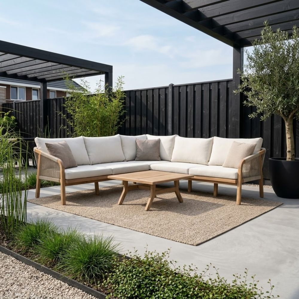 Bergamo hoek loungeset 6 personen | touw + hardhout | zand | 4-delig - 230x230cm