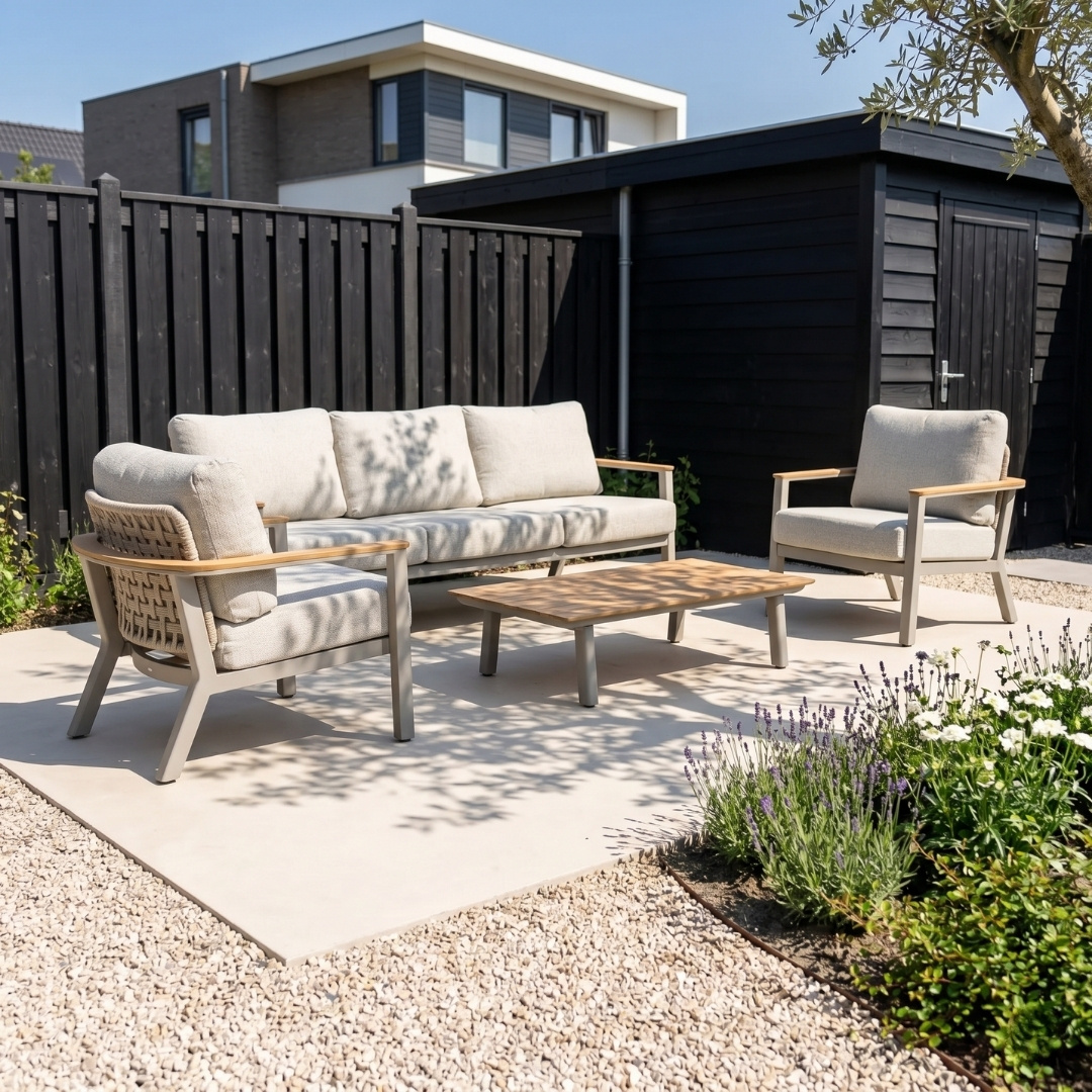 Montana stoel-bank loungeset 5 personen incl. tafel | aluminium + teak | beige | 4-delig