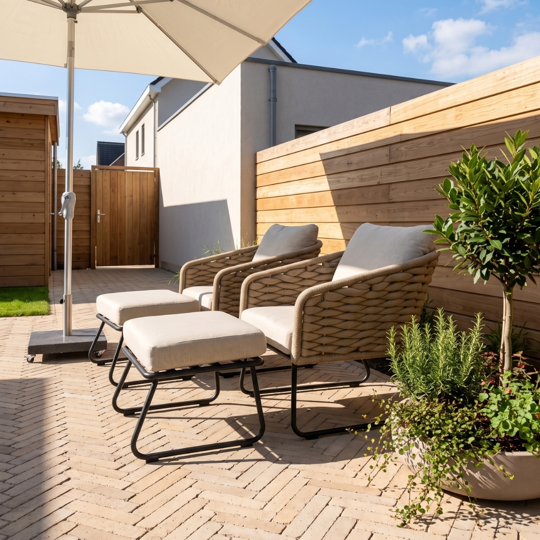 Flora loungestoel tuin met voetenbank | wicker + aluminium | Sahara Dust