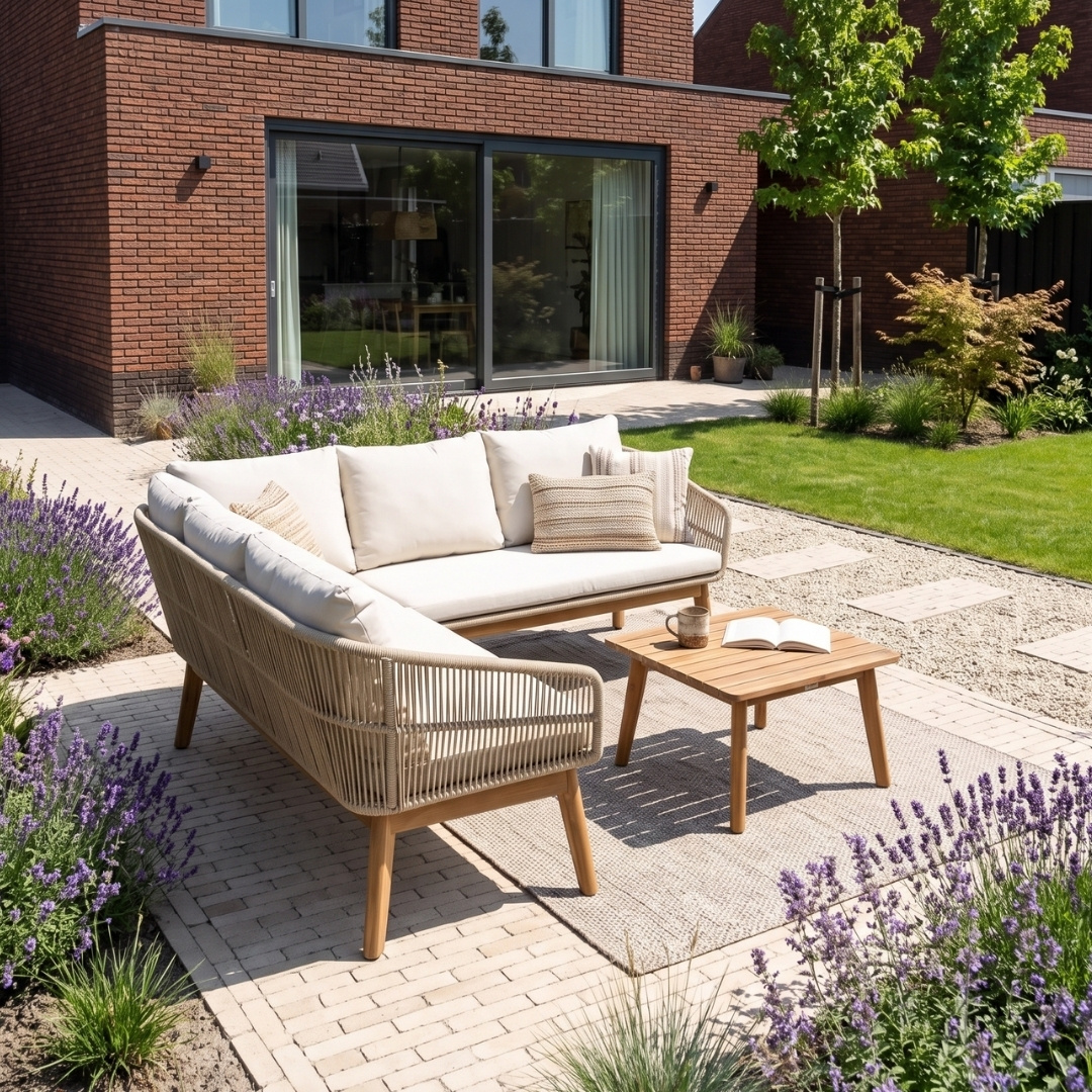 Bella hoek loungeset 5 personen | touw + hardhout | zand | 4-delig - 204x204cm