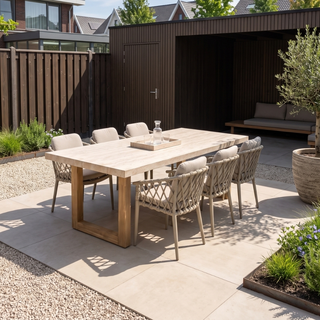 Laurenne/Cleveland beige dining tuinset | 6 personen | polystone + aluminium | 250cm