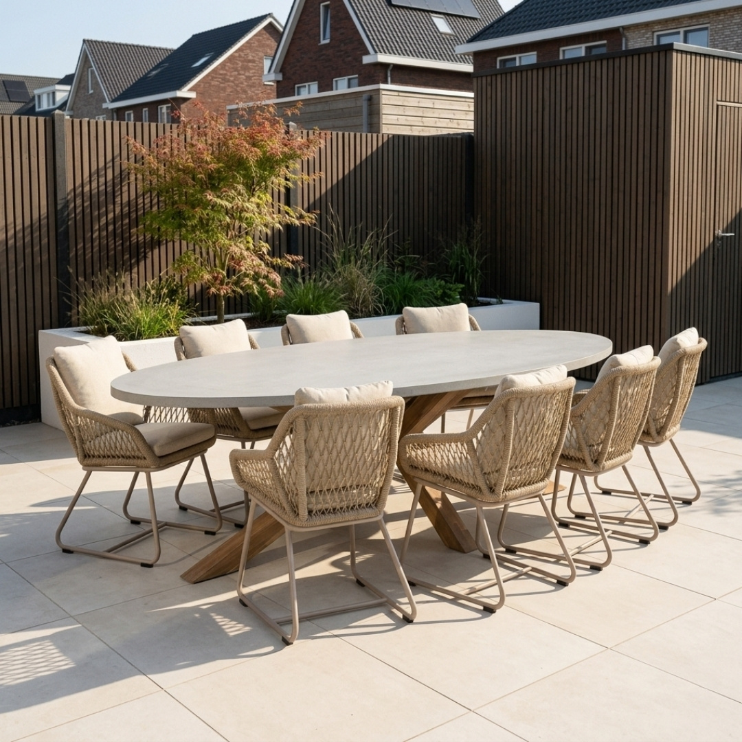 Livorno/Portofino Sandstone dining tuinset | 8 personen | polystone + touw | 280cm