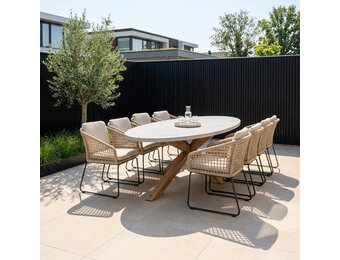 Livorno/Tulum Sahara Dust dining tuinset | 8 personen | betonlook + touw | 280cm ovaal