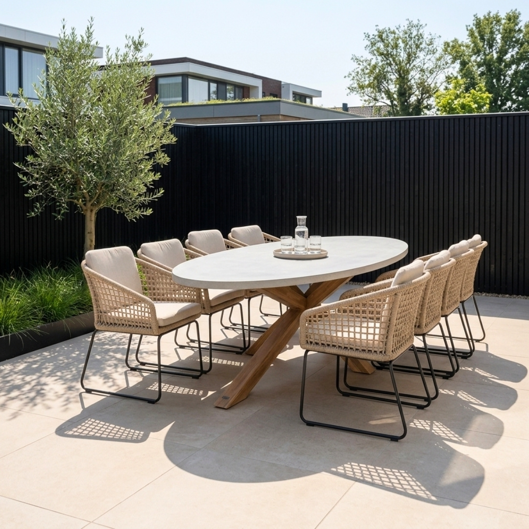 Livorno/Tulum Sahara Dust dining tuinset | 8 personen | betonlook + touw | 280cm ovaal