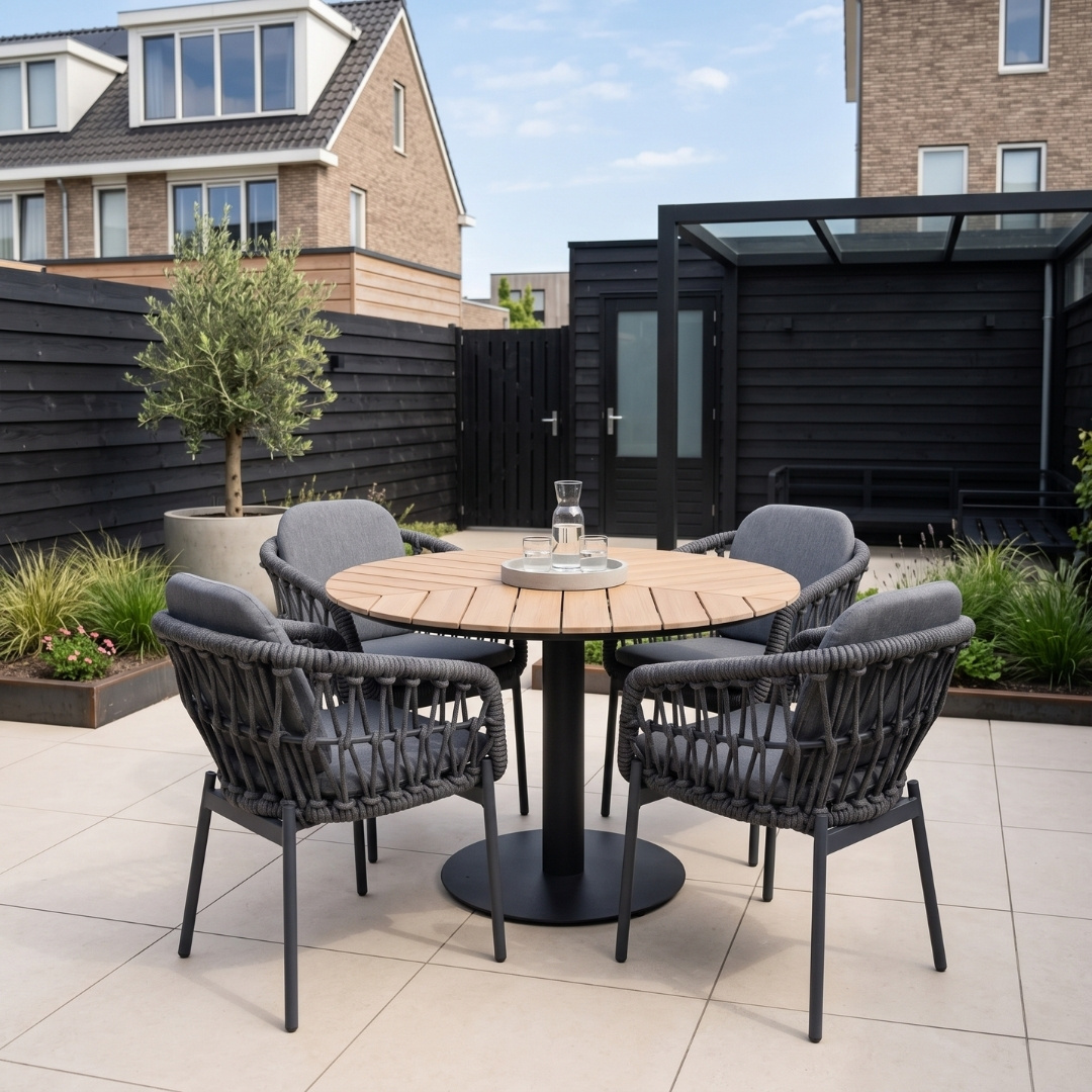 Sirena visgraat/Femke antraciet dining tuinset | 4 personen | polywood + touw | Ø120cm rond