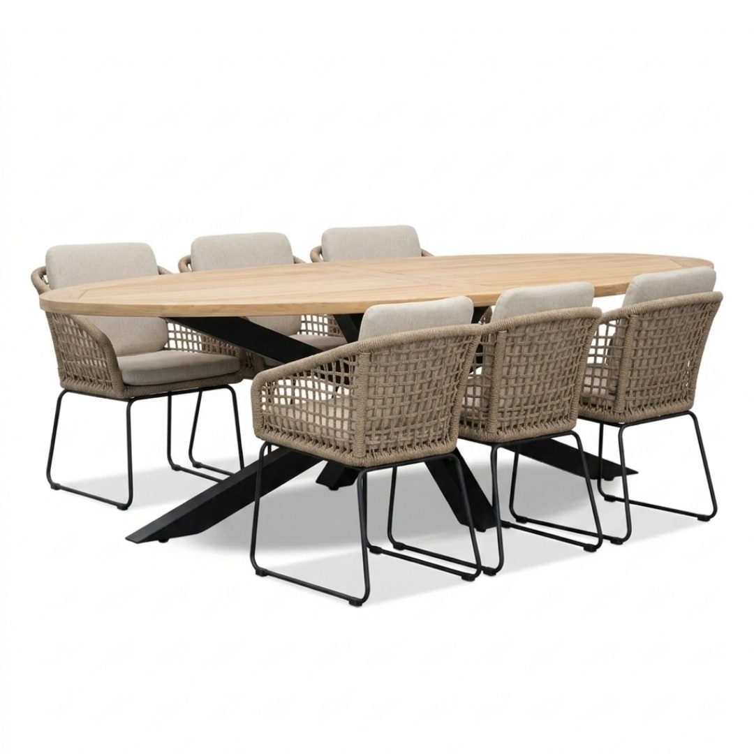 Cleve/Tulum Sahara Dust dining tuinset | 6 personen | teakhout + touw | 240cm ovaal