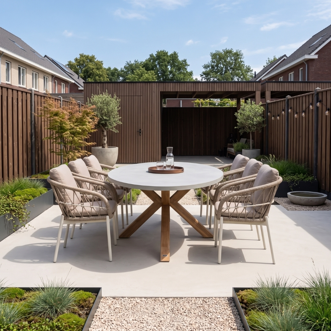 Livorno/Dakota beige/wit dining tuinset | 6 personen | betonlook + touw | 240cm ovaal