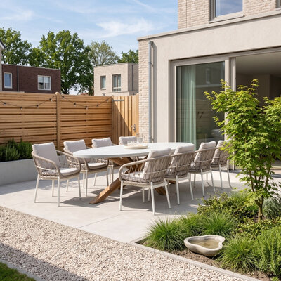 Livorno/Dakota beige/wit dining tuinset | 8 personen | betonlook + touw | 280cm ovaal