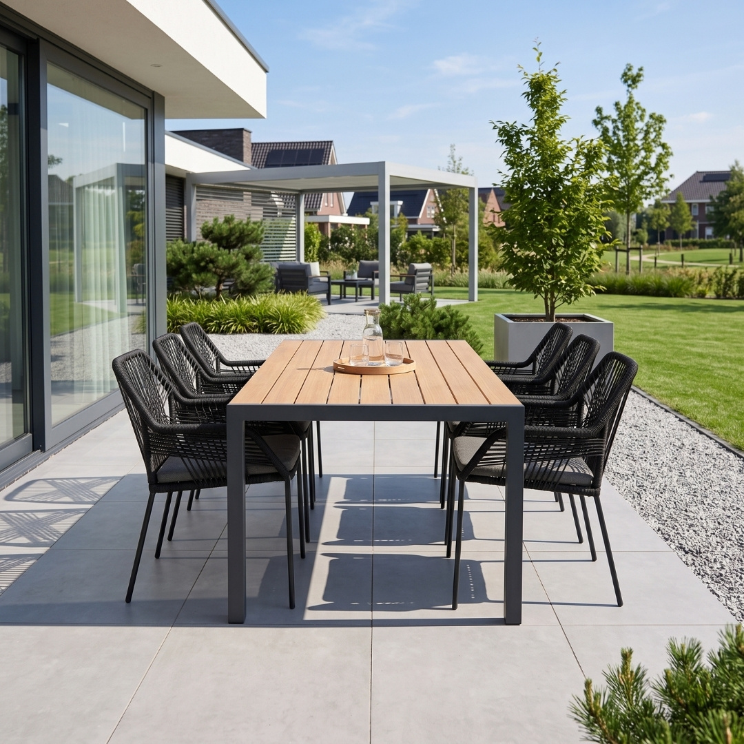 Manchester Natural/Seville zwart dining tuinset | 6 personen | polywood + touw | 205cm