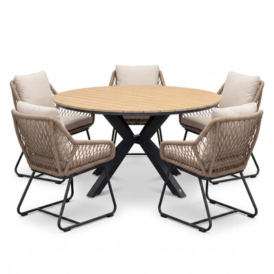 Cervo Natural/Portofino Sahara Dust dining tuinset | 5 personen | polywood + touw | 144cm