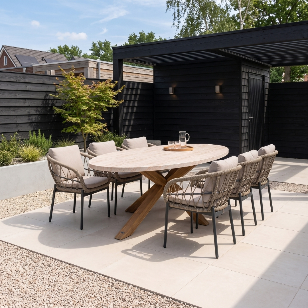 Lorento/Dakota beige/antraciet dining tuinset | 6 personen | travertin + touw | 240cm