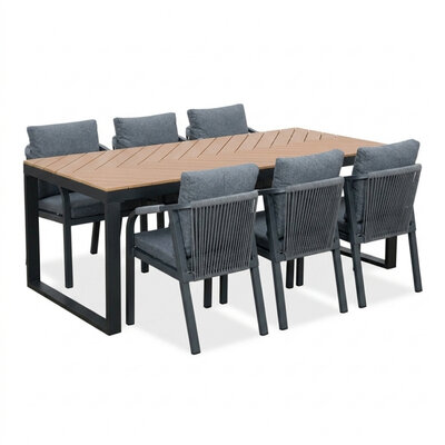 Kampa/Calgary antraciet dining tuinset | 6 personen | polywood + wicker | 210cm