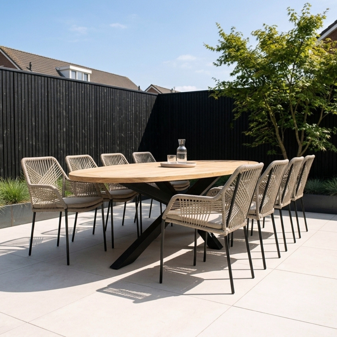 Cleve/Seville zand dining tuinset | 8 personen | teakhout + touw | 280cm ovaal
