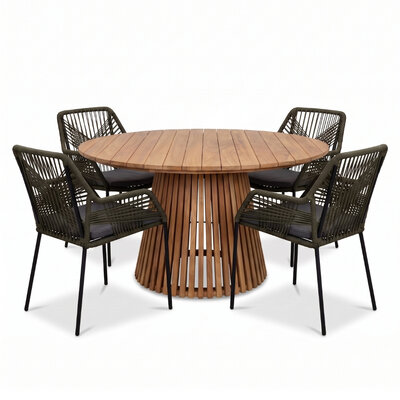 Palau/Seville olijfgroen dining tuinset | 4 personen | teakhout + aluminium | 120cm rond