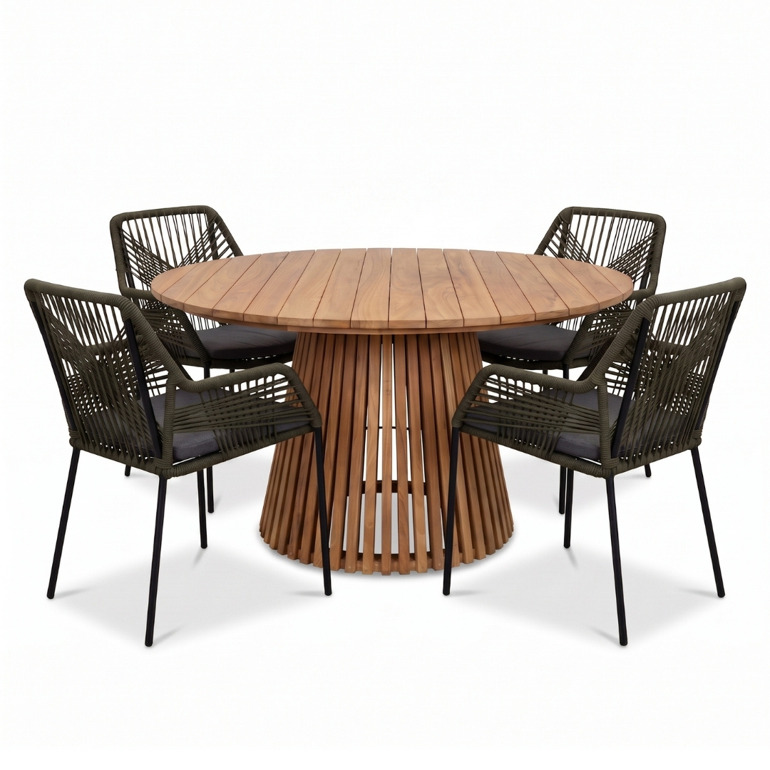 Palau/Seville olijfgroen dining tuinset | 4 personen | teakhout + aluminium | 120cm rond