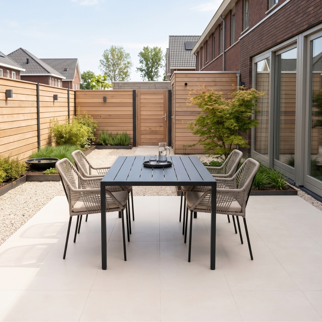 Manchester/Seville zand dining tuinset | 4 personen | aluminium + touw | 150cm