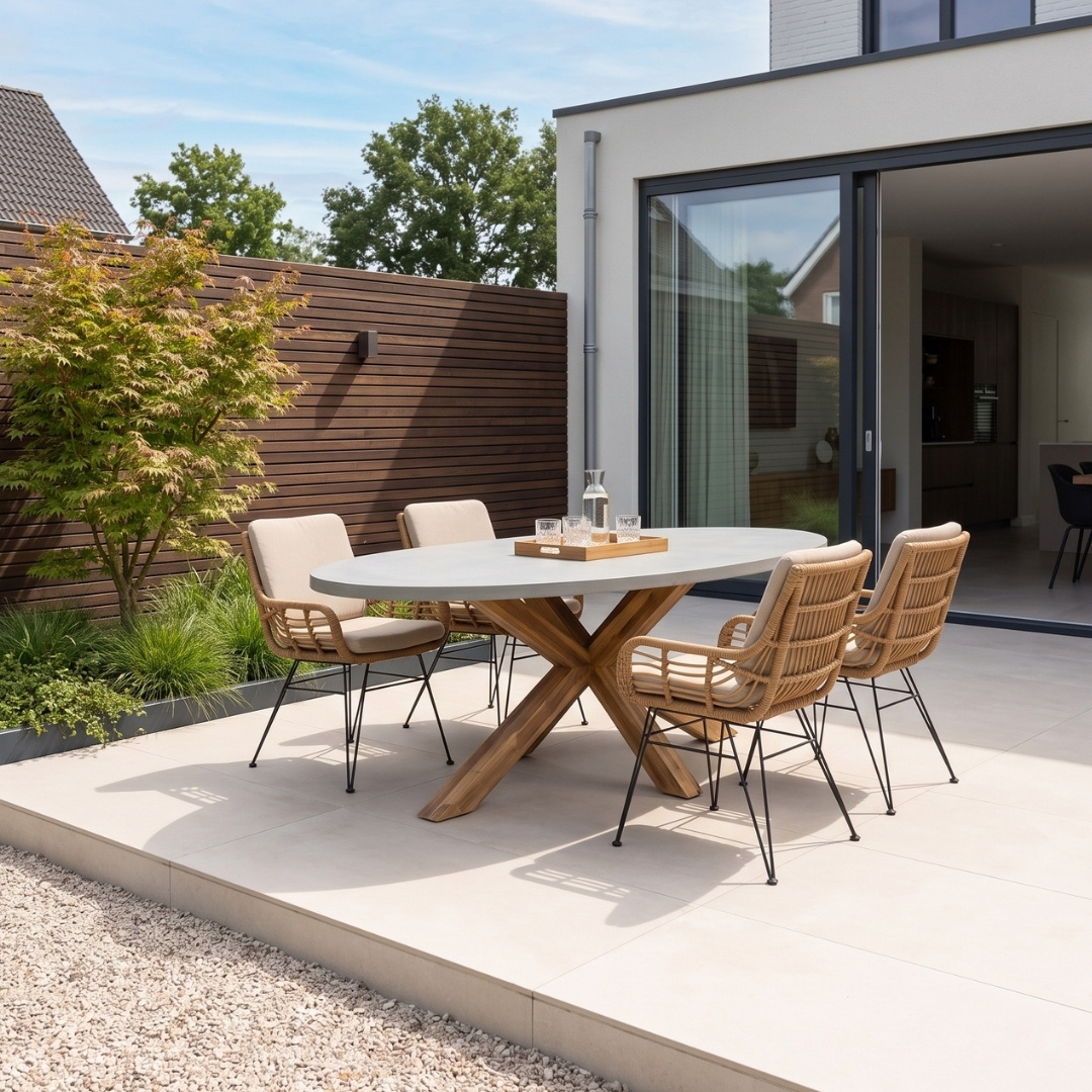 Livorno/Carlos taupe dining tuinset | 4 personen | betonlook + hardhout | 200cm ovaal