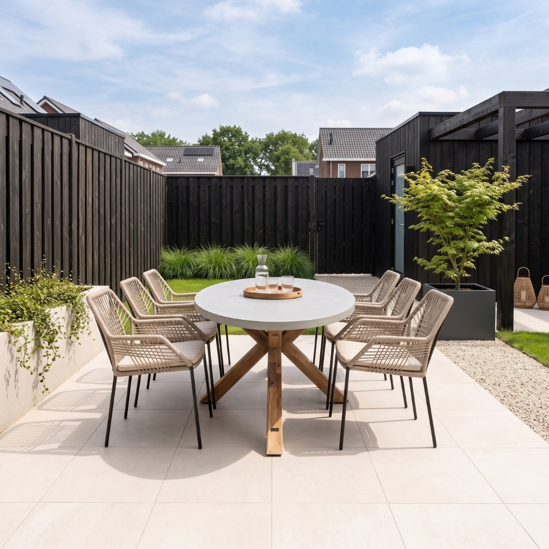 Livorno/Seville zand dining tuinset | 6 personen | betonlook + touw | 240cm